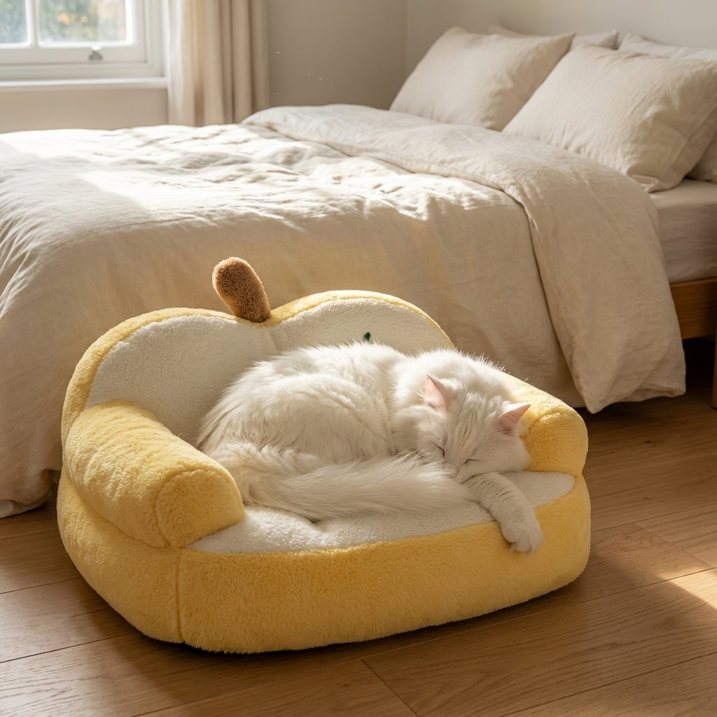 Cat Bed | Apple-Shaped Sofa Design | Plush Rabbit Fur | Removable Washable Cover | Cozy and Non-Slip Base for Small to Medium Cats 0