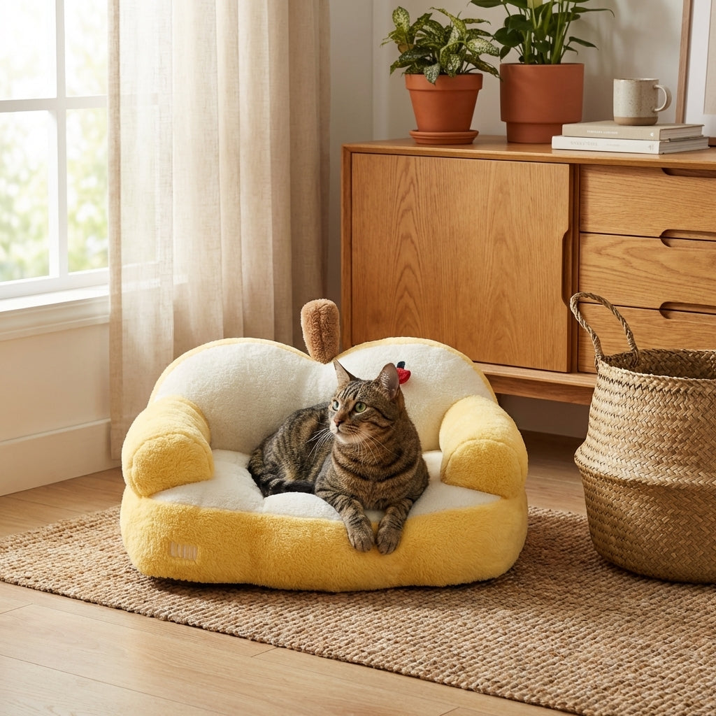 Cat Bed | Apple-Shaped Sofa Design | Plush Rabbit Fur | Removable Washable Cover | Cozy and Non-Slip Base for Small to Medium Cats 2