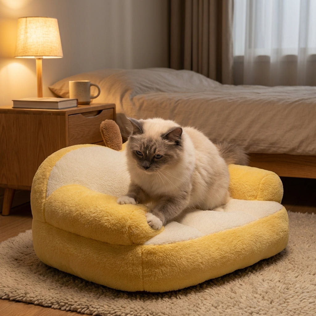 Cat Bed | Apple-Shaped Sofa Design | Plush Rabbit Fur | Removable Washable Cover | Cozy and Non-Slip Base for Small to Medium Cats 3