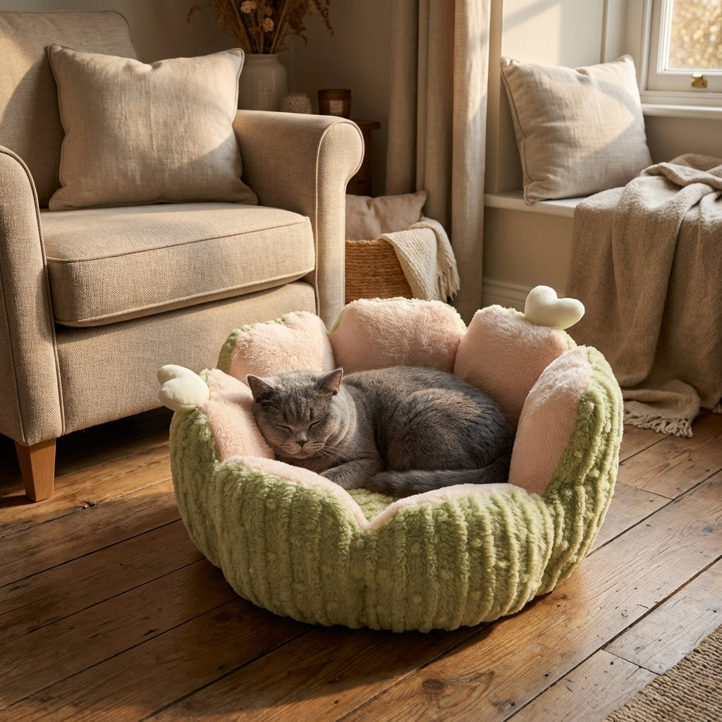 Cat Bed | Round Fluffy Design, Bubble Velvet, 3-Layer Fill, Removable Cushion, Non-Slip Base 0