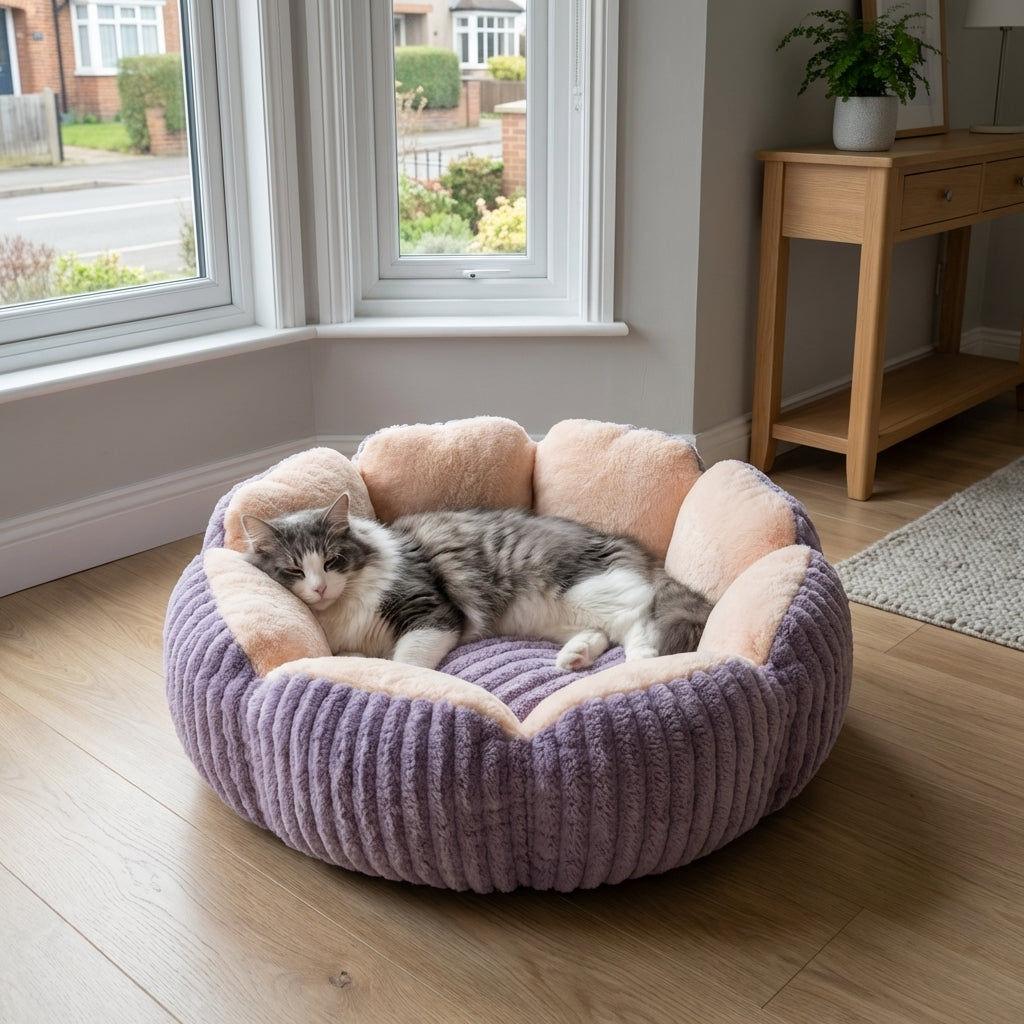 Cat Bed | Round Fluffy Design, Bubble Velvet, 3-Layer Fill, Removable Cushion, Non-Slip Base 1