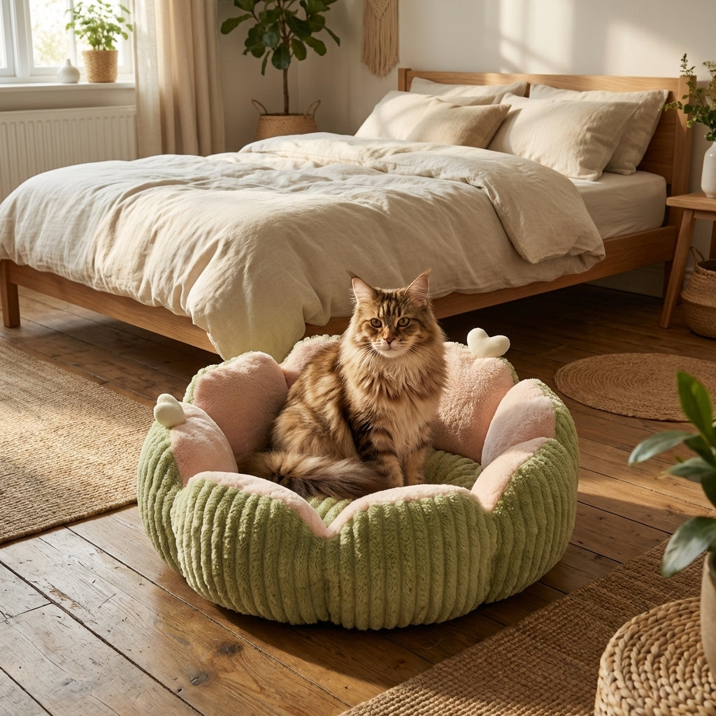 Cat Bed | Round Fluffy Design, Bubble Velvet, 3-Layer Fill, Removable Cushion, Non-Slip Base 2