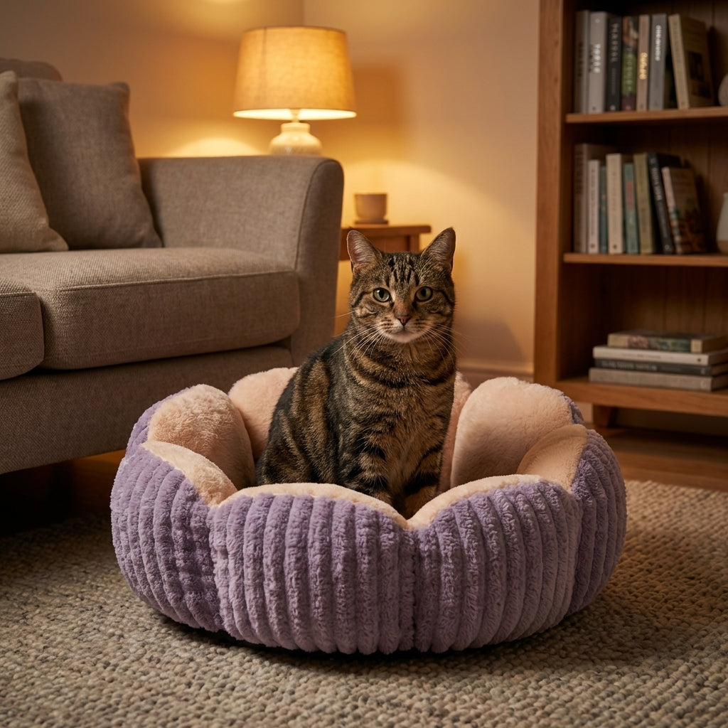 Cat Bed | Round Fluffy Design, Bubble Velvet, 3-Layer Fill, Removable Cushion, Non-Slip Base 3