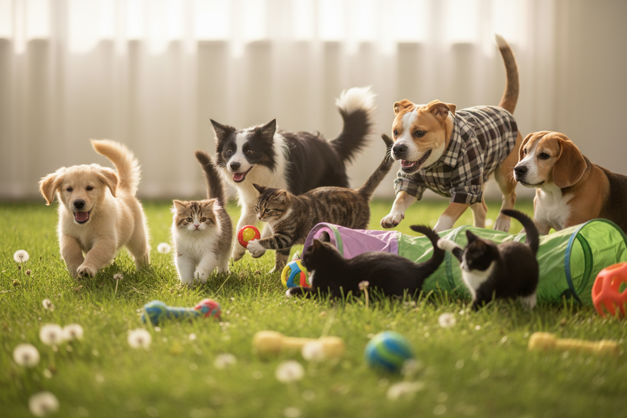 for all products background dogs and cat playing