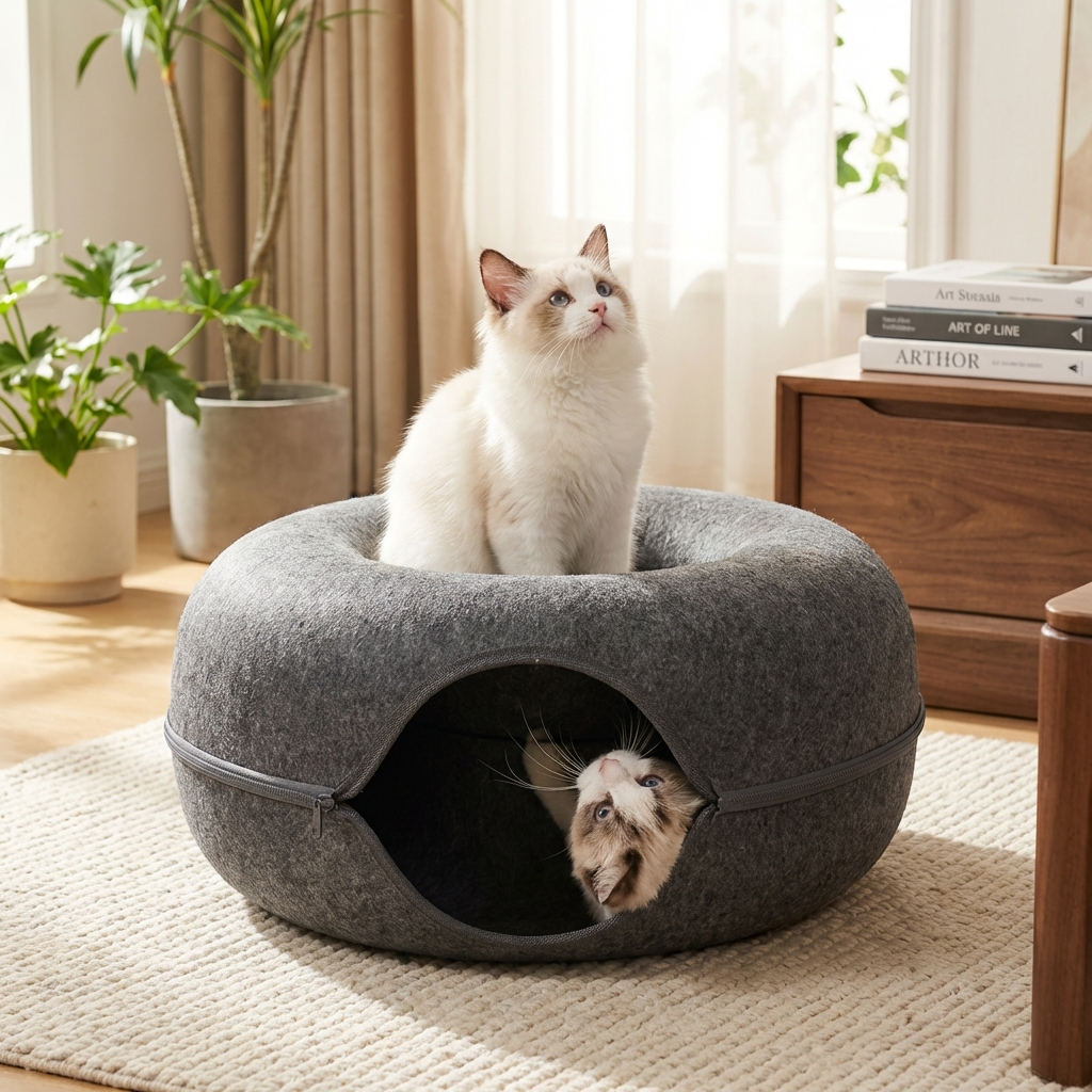 Cozy Haven | 2-in-1 Donut Cat Bed with Interactive Tunnel Design | Versatile Comfort for Play and Rest 0