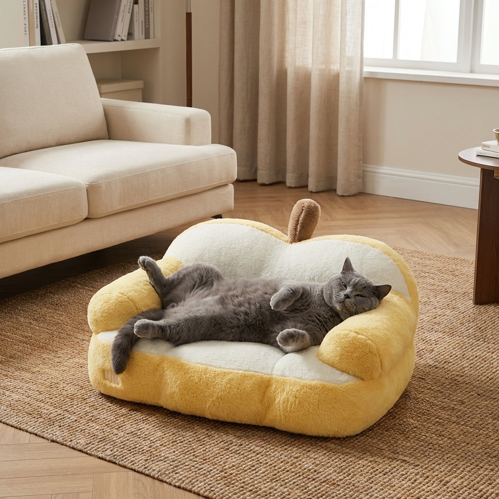 Cat Bed | Apple-Shaped Sofa Design | Plush Rabbit Fur | Removable Washable Cover | Cozy and Non-Slip Base for Small to Medium Cats 1
