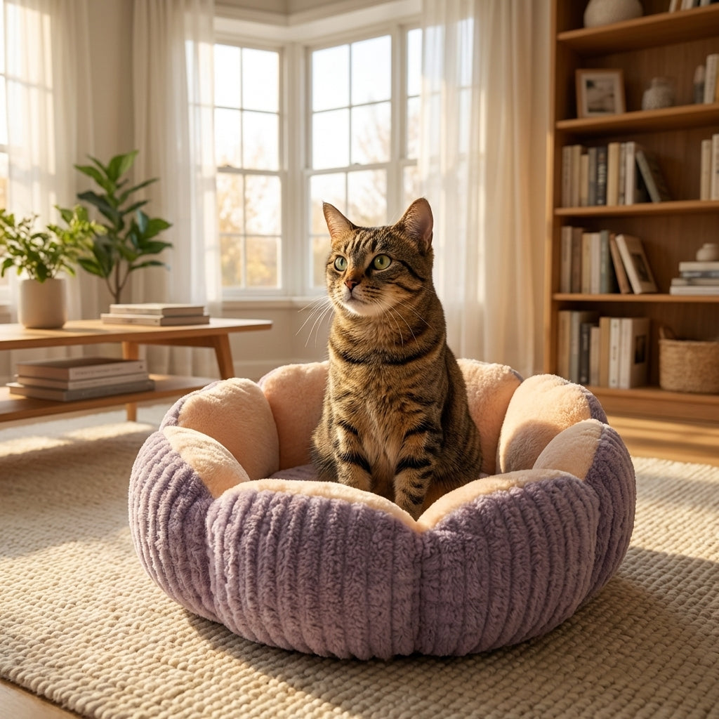 Cat Bed | Round Fluffy Design, Bubble Velvet, 3-Layer Fill, Removable Cushion, Non-Slip Base 4