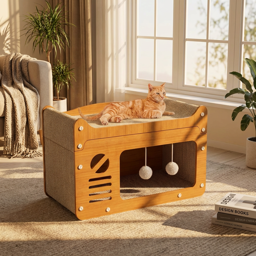 Cozy Cat Haven | Multi-Story Scratching House with Plush Balls | Safe Playground for Happy Cats 0