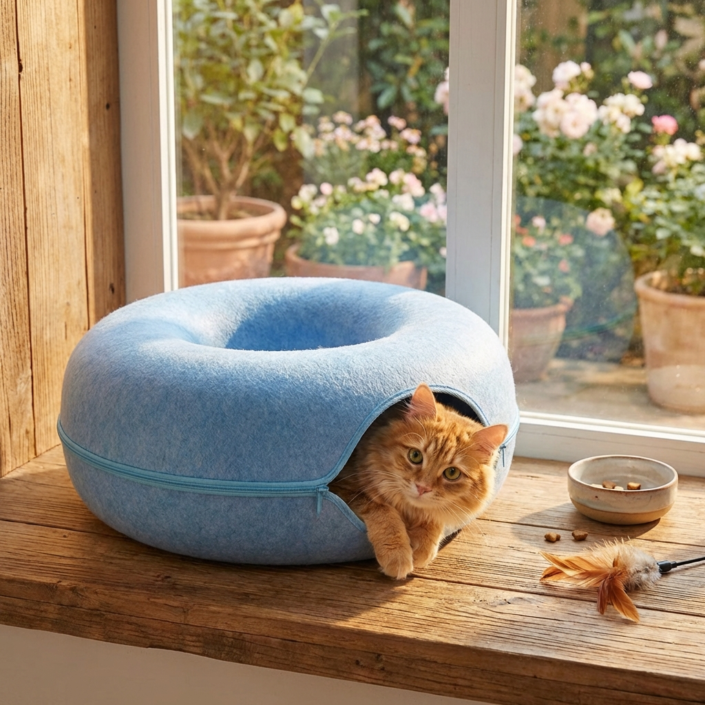 Plush 2-in-1 Cat Bed and Tunnel – Cozy Donut Bed for Play & Sleep