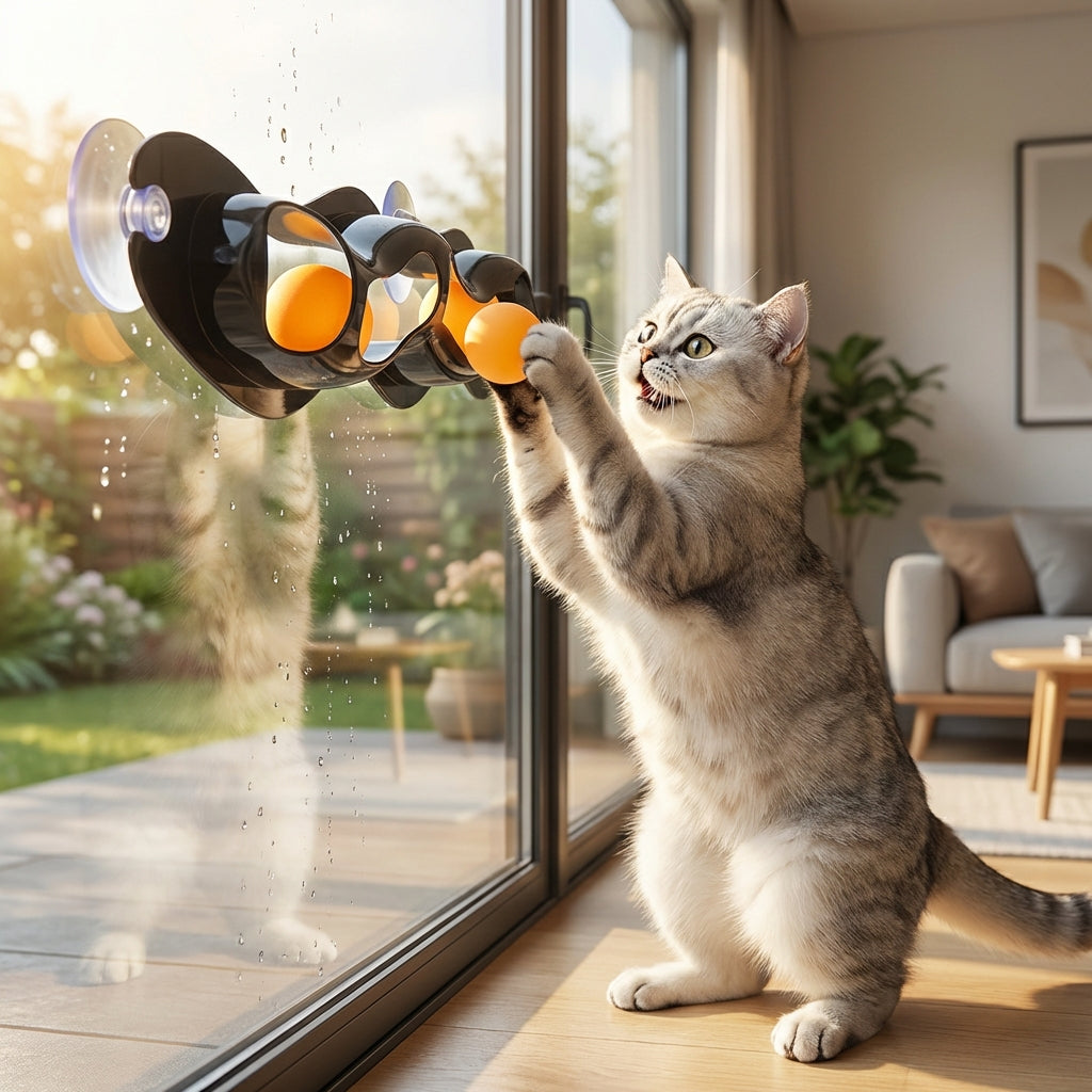 Interactive Cat Toys | Window-Mounted Ball Track with Movable Balls | Engaging Play for Indoor Cats 0