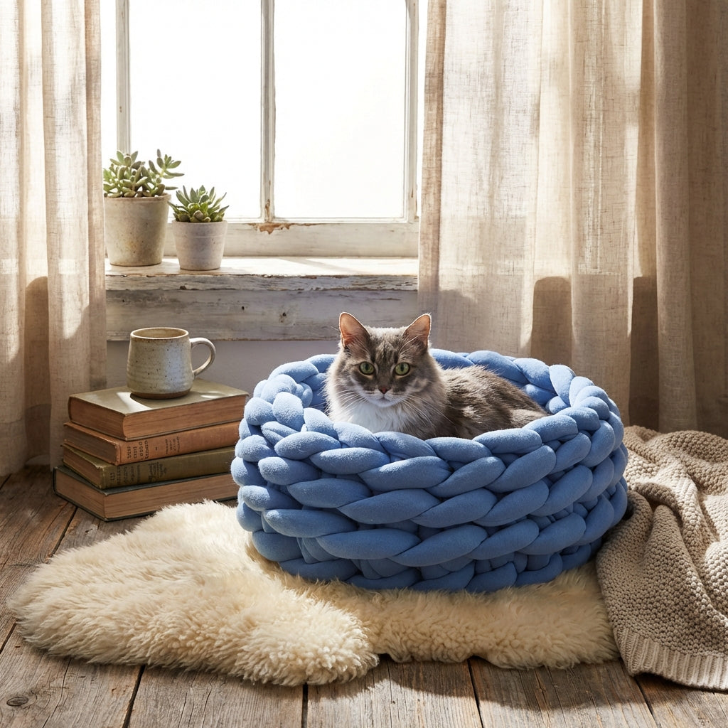 Round Handwoven Pet Bed | Soft Cotton Cozy Dog & Cat Bed for Comfort 0